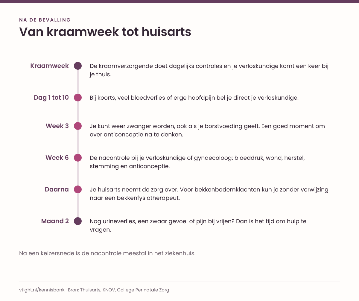 Tijdlijn van de kraamweek tot twee maanden na de bevalling, met per moment welke zorg je krijgt en wanneer je zelf contact opneemt.